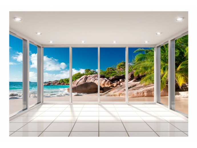 carta da parati aumento di spazio con prospettiva veranda vista mare spiaggia tropici